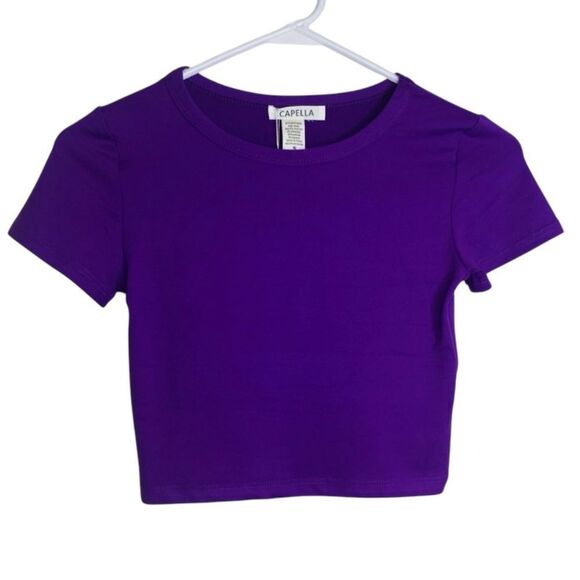 Women's Short Sleeve Roundneck Crop Top: Dahlia (Purple) - Picture 3 of 4